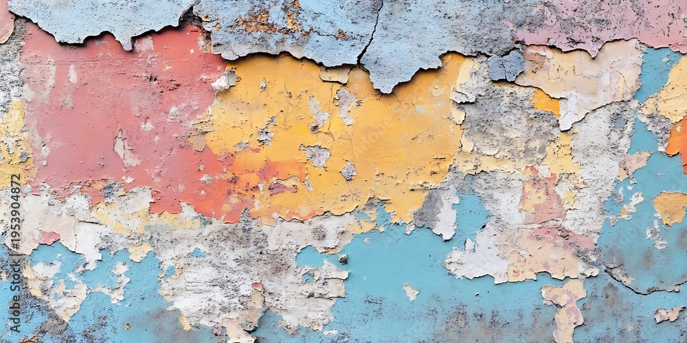 Obraz premium A vibrant textured wall with colorful peeling paint layers and cracks.