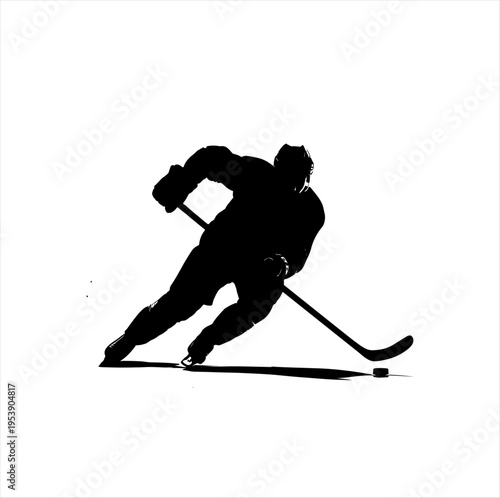 silhouette of hockey player skating with stick and puck, symbolizing sport intensity.