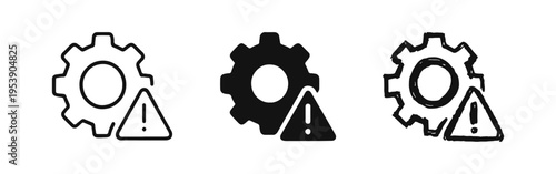 System Error Warning and Configuration Alert Gear Icon Set in Various Styles