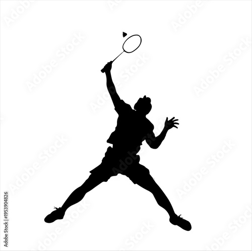 Dynamic silhouette of player mid-air hitting shuttlecock, symbolizing energy and athleticism.