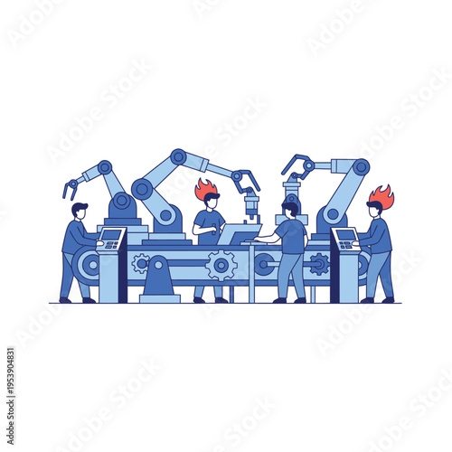 Automated Factory Production Line with Robotic Arms and Workers.