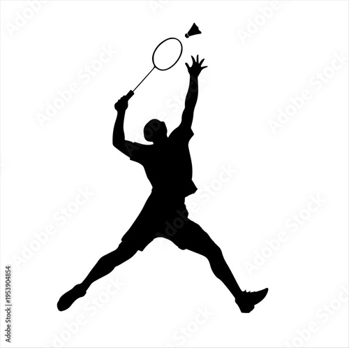 Athletic silhouette of player mid-air hitting shuttlecock, symbolizing agility and sport.