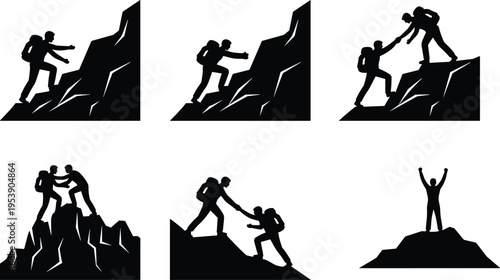 A collection of black silhouette icons depicting hikers climbing mountains and reaching the peak Vector, illustration