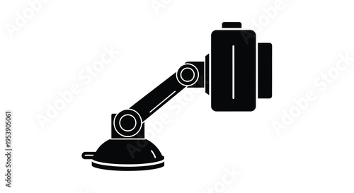 A black and white graphic depicts a robotic arm with a suction cup base holding a camera