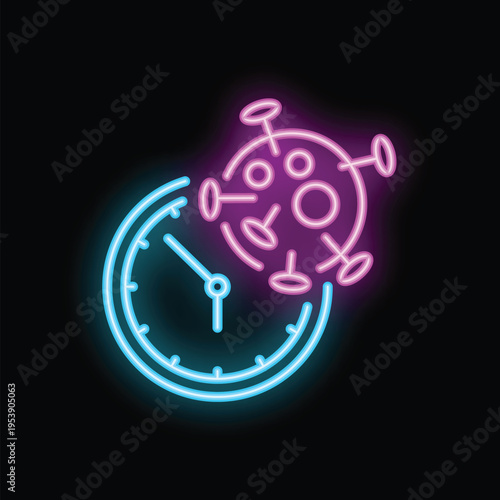 Neon icon of a clock being overtaken by the coronavirus, making a great concept about the pandemic