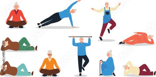 Senior People Doing Fitness Exercises and Yoga Healthy Active Lifestyle Vector Illustration Set