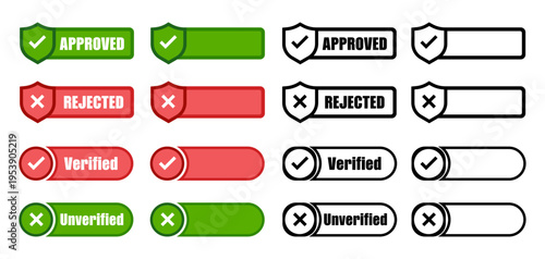 Approval and rejection status badges with verified and unverified icons set modern ui elements vector design, set of symbol icons vector illustration