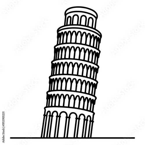 Leaning tower landmark line art illustration iconic architecture travel symbol black and white vector, leaning tower of pisa italy, leaning tower of pisa