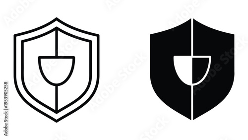Shield icons in black and white vector illustration, flat design