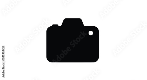 A minimalist black silhouette depicts a classic digital single lens reflex camera high quality professional detailed