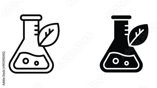black and white beaker with leaf vector illustration, flat design