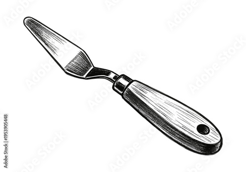 Detailed sketch of a palette knife with a wooden handle, isolated on white background