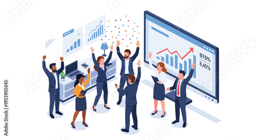 Business team celebrating success with arms raised in front of data charts.