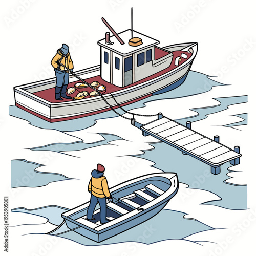 Two men on a boat and a small dinghy in icy waters with a dock