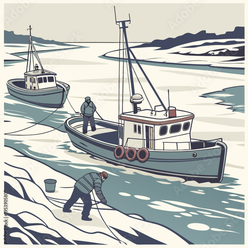 Illustration of two fishing boats on icy waters with a man pulling a net in the foreground on a cold day