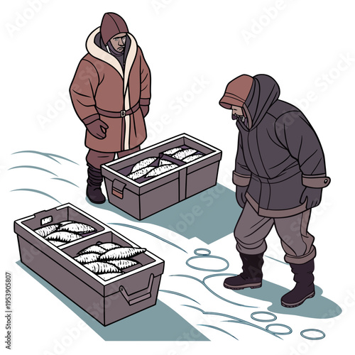 Two men in winter clothing standing next to boxes of fish on ice
