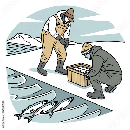 Two men in winter clothing collecting fish on a snowy shore with mountains in the background near a icy river