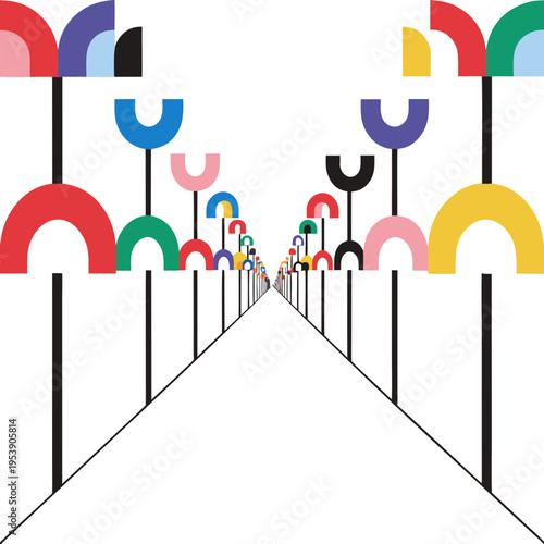 Abstract Colorful Avenue Icon — Perspective Street with Geometric Canopies for Creativity, Diversity & Urban Joy
