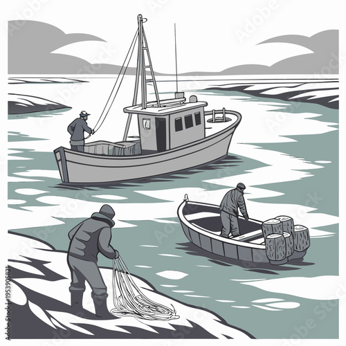 Illustration of fishermen working on a boat and onshore with nets and gear in a scenic coastal environment with mountains