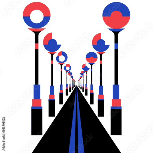 Perspective Street with Colorful Lantern Poles — Red/Blue Flat Illustration for Urban Design & Festival Branding
