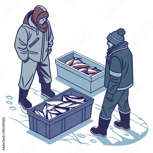Two men in winter clothing standing next to crates of fish on ice