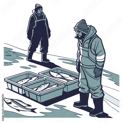 Two men in winter gear standing next to crates of fish on ice