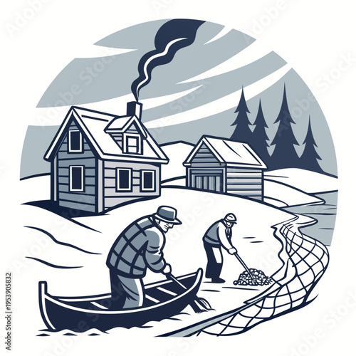 Winter scene with two men in a snowy landscape by a river with a house and a shed
