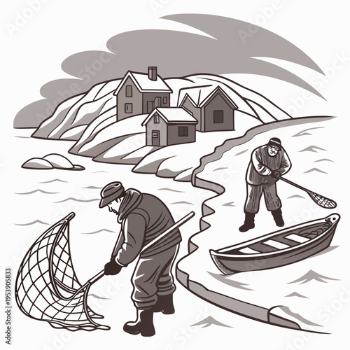 Two men fishing on icy shore with houses in background in winter scene