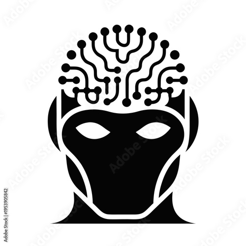 Cybernetic Mask Icon — AI Face with Circuit Brain for Futurism, Privacy & Tech Identity
