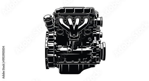 A detailed black and white illustration showcases a powerful v6 engine highlighting its complex components