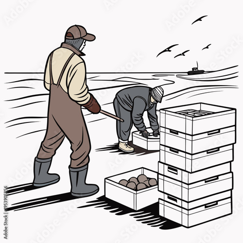 Two men working on a beach with crab traps and a buoy in the distance on a sunny day