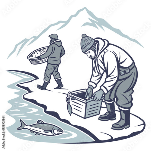 Two men fishing on a riverbank with a mountain in the background, engaged in fishing activities