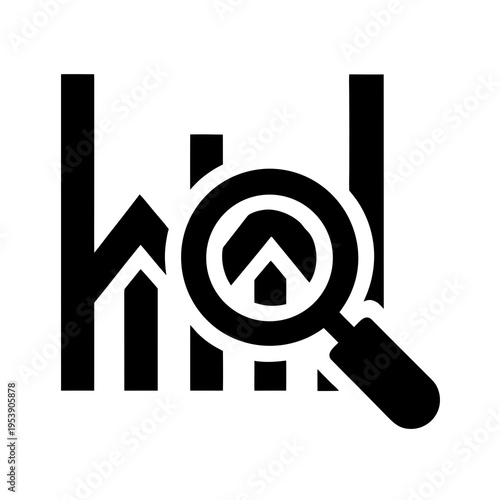 Real Estate Data Analysis Icon — Magnifying Glass Over Bar Chart with House Symbol for Property Insights
