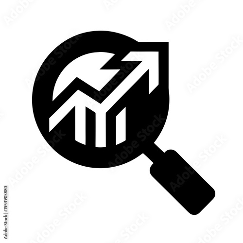 Data Analysis Magnifying Glass Icon — Bar Chart & Upward Arrow Under Lens for Business Intelligence & Growth
