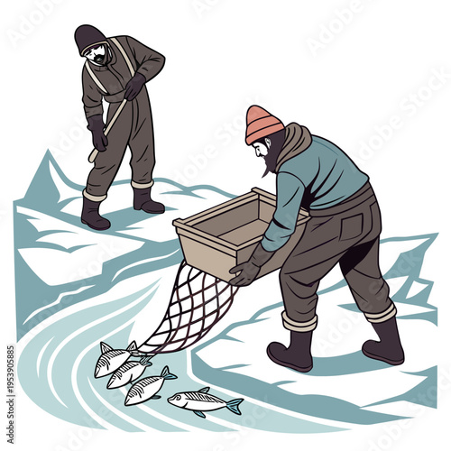Two men fishing on ice with a net and bucket in winter clothing