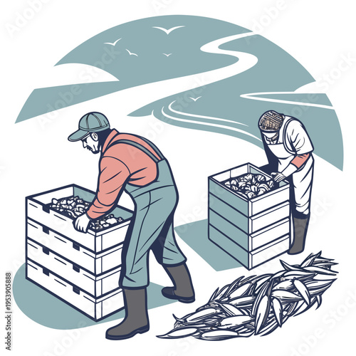 Two workers in overalls sorting and packing crates of fresh seafood on a dock by a river