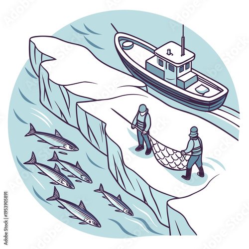 Two men in winter clothing fishing on an iceberg with a boat nearby catching fish