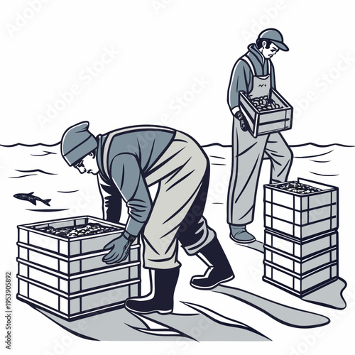 Two men in waders stacking crates of seafood on a beach by the ocean shore with a fish swimming nearby