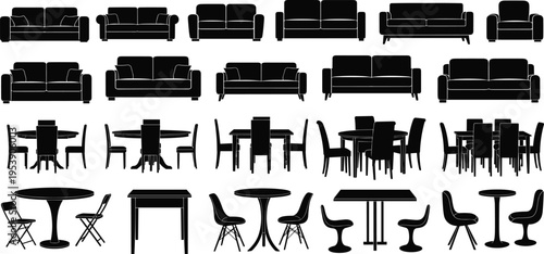 Modern furniture silhouettes, black sofas, tables and chairs icons for interior design, home decor and apartment floor plan, living room furniture, vector illustration isolated
