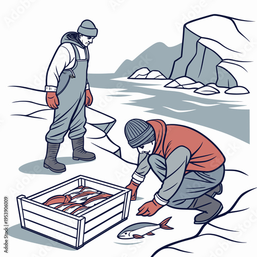 Two men in winter clothing collecting fish and crabs on a snowy beach by a frozen lake with a large ice formation