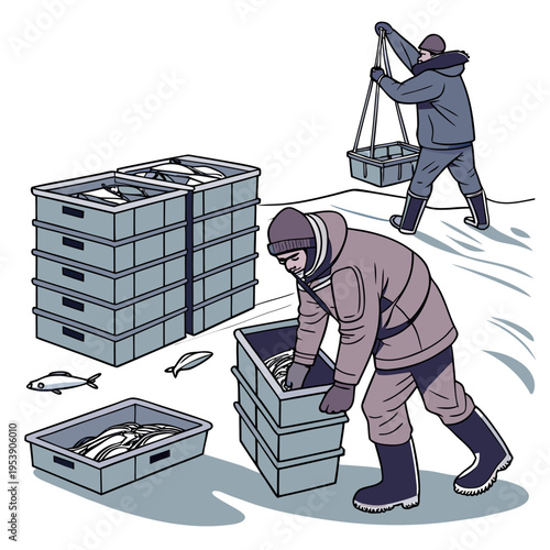 Two men in winter clothing stacking and carrying crates of fish on snowy ground with