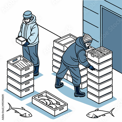 Two men in winter clothing stacking boxes of fresh fish on a snowy dock near a blue building