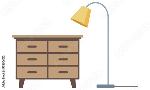 Modern minimalist vector illustration of a tall floor lamp and a six-drawer chest of drawers on a simple background.