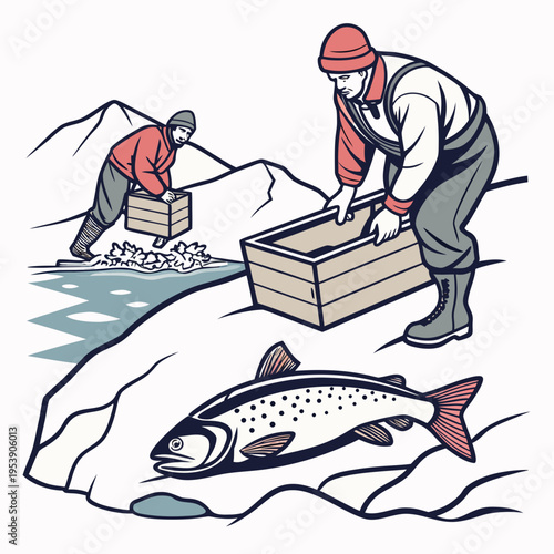 Two men in winter gear collecting salmon from a river with mountains in the background and a large fish on the ice