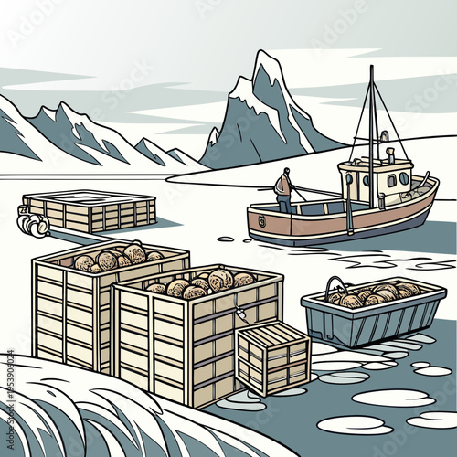 Fishing boat and crates of seafood on icy waters with snowy mountains in the background