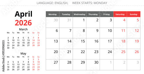 April 2026 monthly English calendar. Monday start, vector design