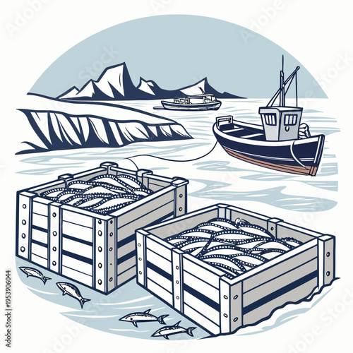 Illustration of fishing crates and boat in icy waters with mountains