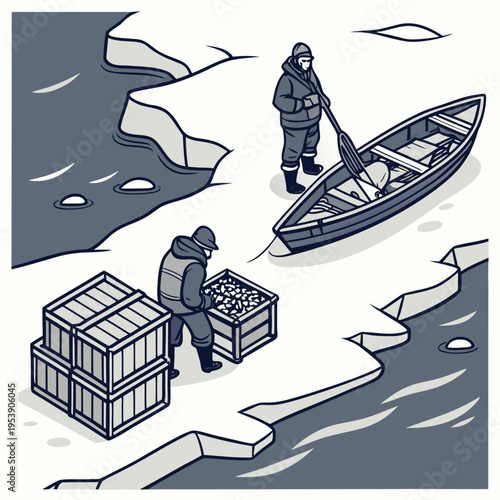 Two men in winter clothing loading crates into a small boat on icy waters with melting ice chunks floating around them