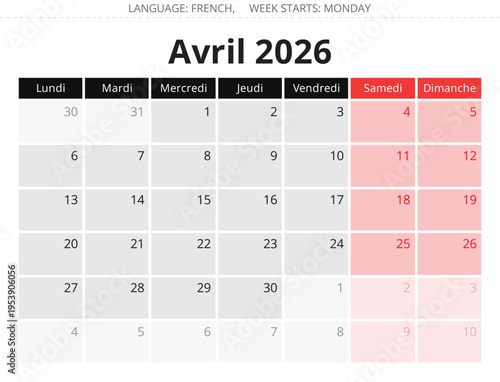 2026 French April monthly calendar page – Avril. Vector illustration France