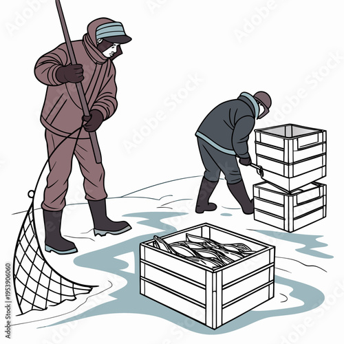 Two men in winter clothing collecting fish in crates on ice with a net